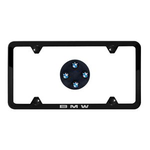 BMW Black Slimline Plate Frame and Logo Black Valve Stem Caps 82122456416