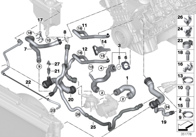 2009 BMW 528i Cooling System Coolant Hoses Diagram 1
