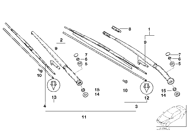 2002 BMW 330Ci Wiper Blade Guide, Wiper Arm Diagram for 61618263685