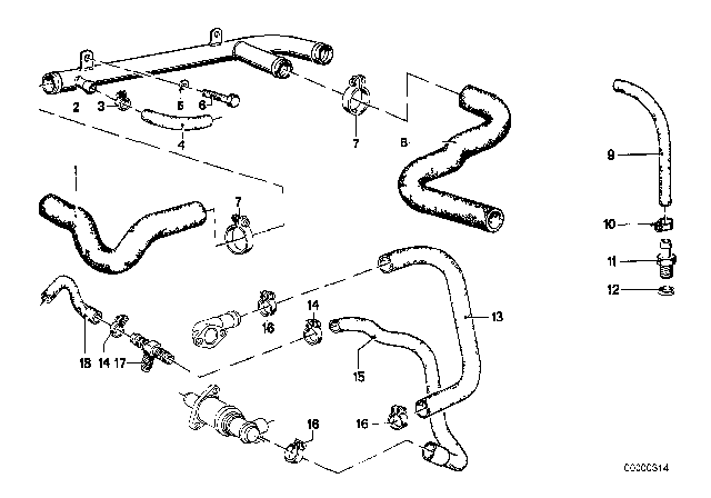 1981 BMW 633CSi Cooling System - Water Hoses Diagram 2