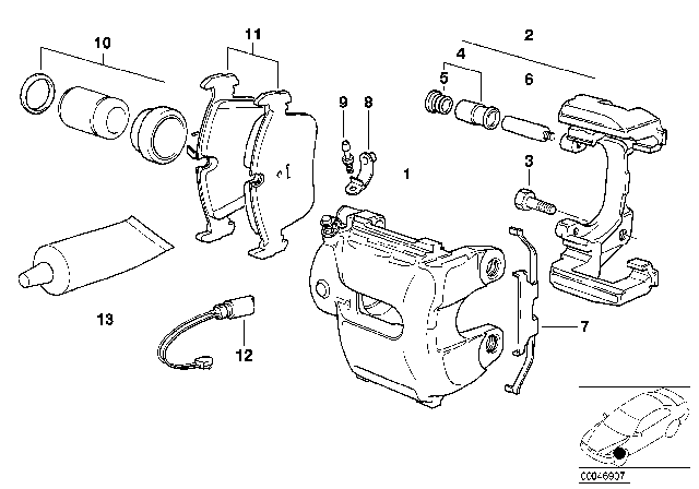 1999 BMW 323i Front Wheel Brake, Brake Pad Sensor Diagram
