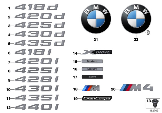 2019 BMW 440i Gran Coupe Emblems / Letterings Diagram
