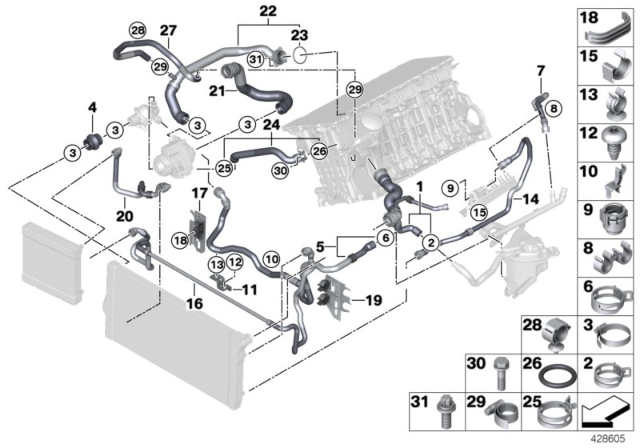 2013 BMW 535i Cooling System Coolant Hoses Diagram 1