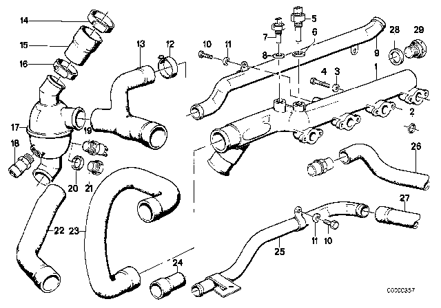 1988 BMW M3 Cooling System - Thermostat / Water Hoses Diagram