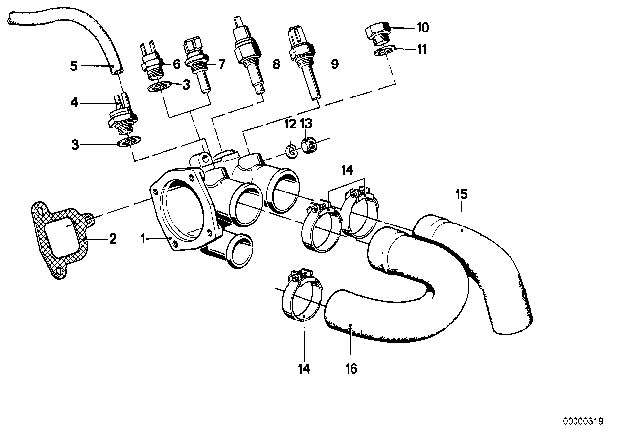1981 BMW 633CSi Cooling System - Thermostat / Water Hoses Diagram 2