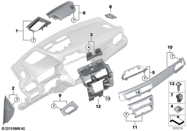 2019 BMW X1 Mounting Parts, Instrument Panel Diagram 2