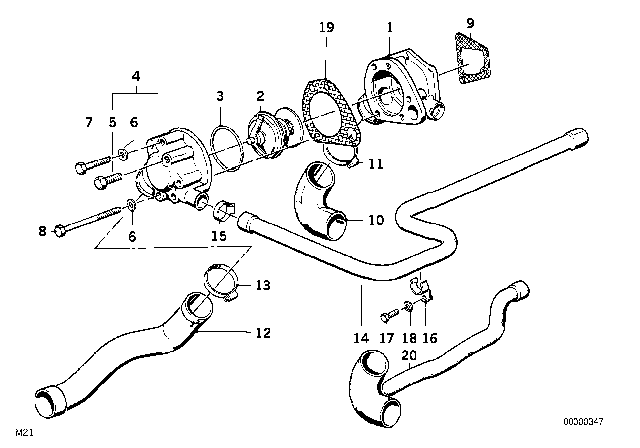 1986 BMW 524td Cooling System - Thermostat / Water Hoses Diagram