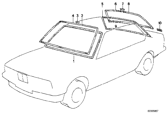 1982 BMW 633CSi Glazing, Mounting Parts Diagram