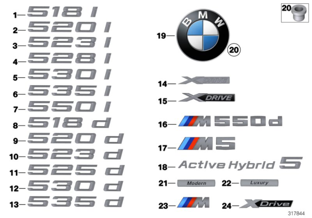 2016 BMW 528i Emblems / Letterings Diagram