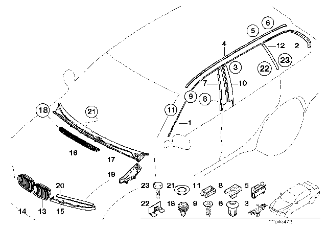 2004 BMW 325i Roof Moulding Prime-Coated Right Diagram for 51138208776