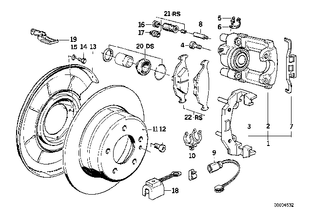 1990 BMW 750iL Rear Wheel Brake, Brake Pad Sensor Diagram