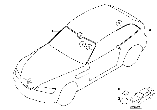 2002 BMW Z3 M Glazing, Mounting Parts Diagram