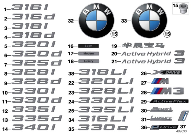 2017 BMW 330e Emblems / Letterings Diagram