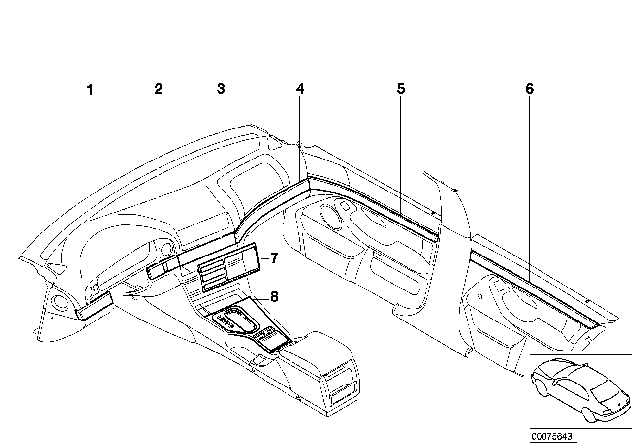 1999 BMW 528i Retrofit, Interior Mouldings, Matt Chrome Diagram