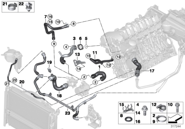 2007 BMW 328xi Cooling System Coolant Hoses Diagram 3