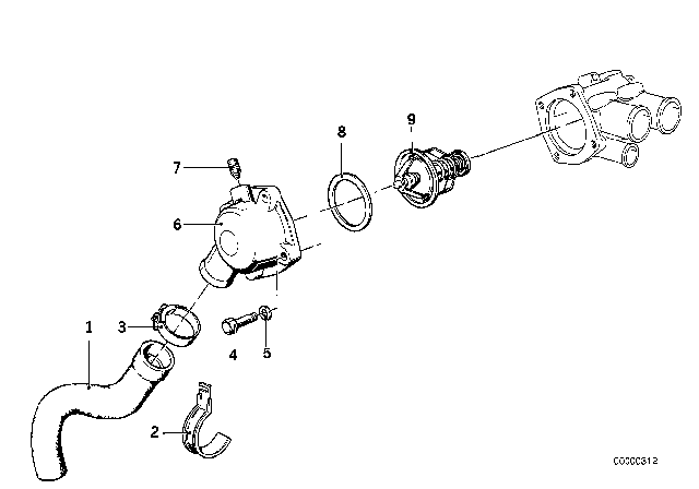 1981 BMW 633CSi Cooling System - Thermostat / Water Hoses Diagram 1