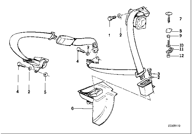 1992 BMW 735i Rear Safety Belt Mounting Parts Diagram