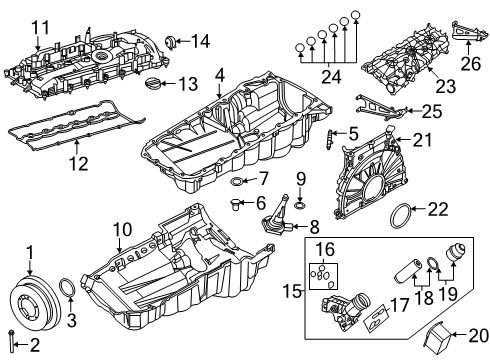 2021 BMW M340i Engine Parts, Mounts, Cylinder Head & Valves, Camshaft & Timing, Variable Valve Timing, Oil Pan, Oil Pump, Crankshaft & Bearings, Pistons, Rings & Bearings Diagram 1