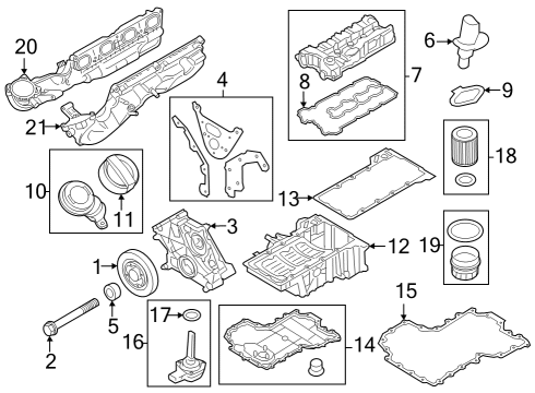 2021 BMW M8 Engine Parts, Mounts, Cylinder Head & Valves, Camshaft & Timing, Variable Valve Timing, Oil Cooler, Oil Pan, Oil Pump, Balance Shafts, Crankshaft & Bearings, Pistons, Rings & Bearings Diagram 1